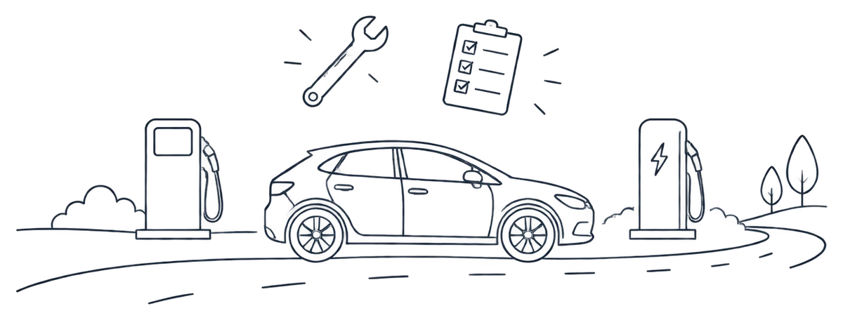 Line illustration of a compact car on a road between a fuel pump and an EV charger